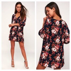 Lulu’s Shifting Dears Bold Navy Blue Cold Shoulder Floral Print Mini Dress Sz XS
